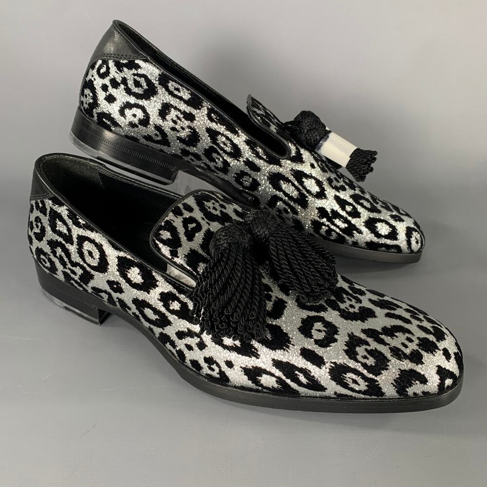 JIMMY CHOO Size 7 Silver Black Medusa Jacquard Tassels Loafers